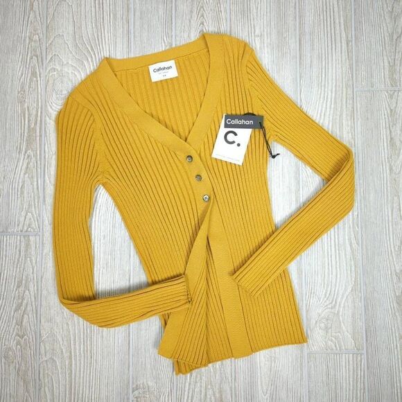 Callahan Knitwear Women’s XS Yellow Rib Knit Button Down Cardigan Sweater NWT - Picture 5 of 8